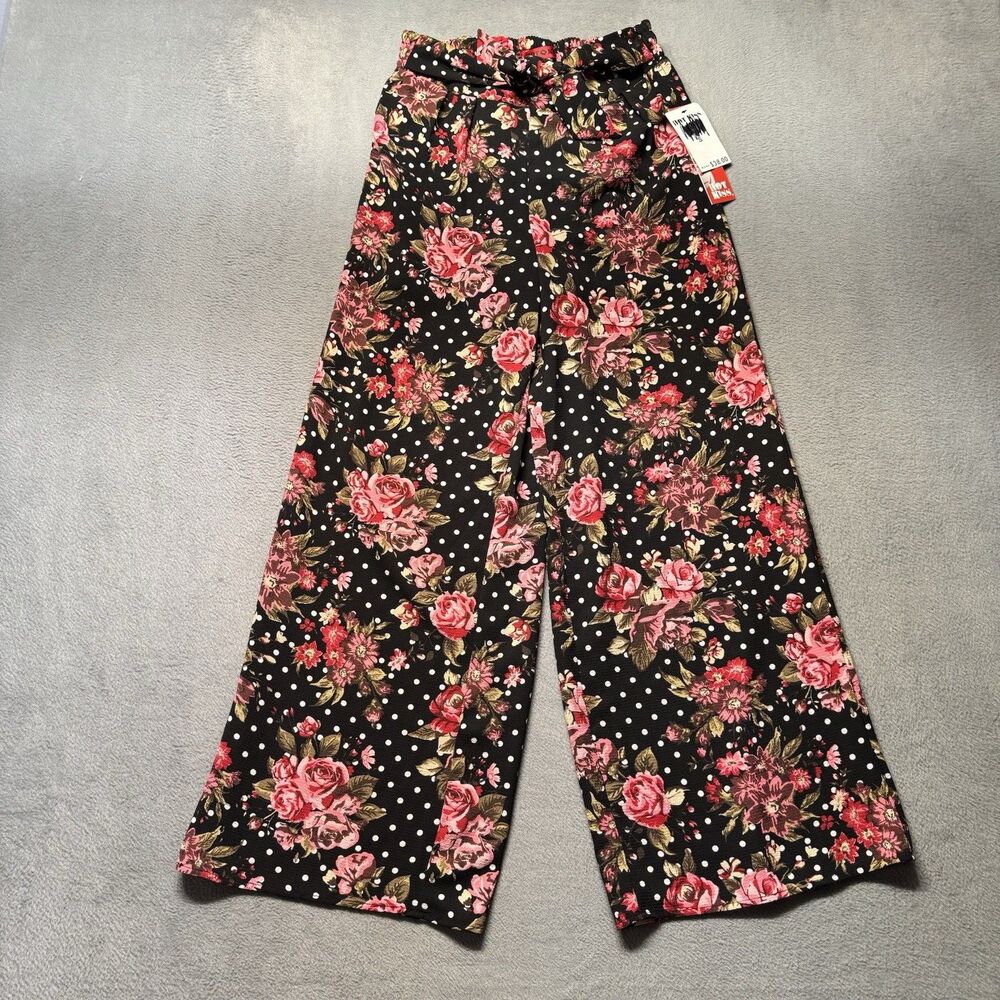 Hot Kiss Womens Small Wide Leg Pants Black Floral Polka Dot Pleated Tie NWT